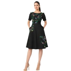 eShakti Black Dress with Colorful Floral Embroidery